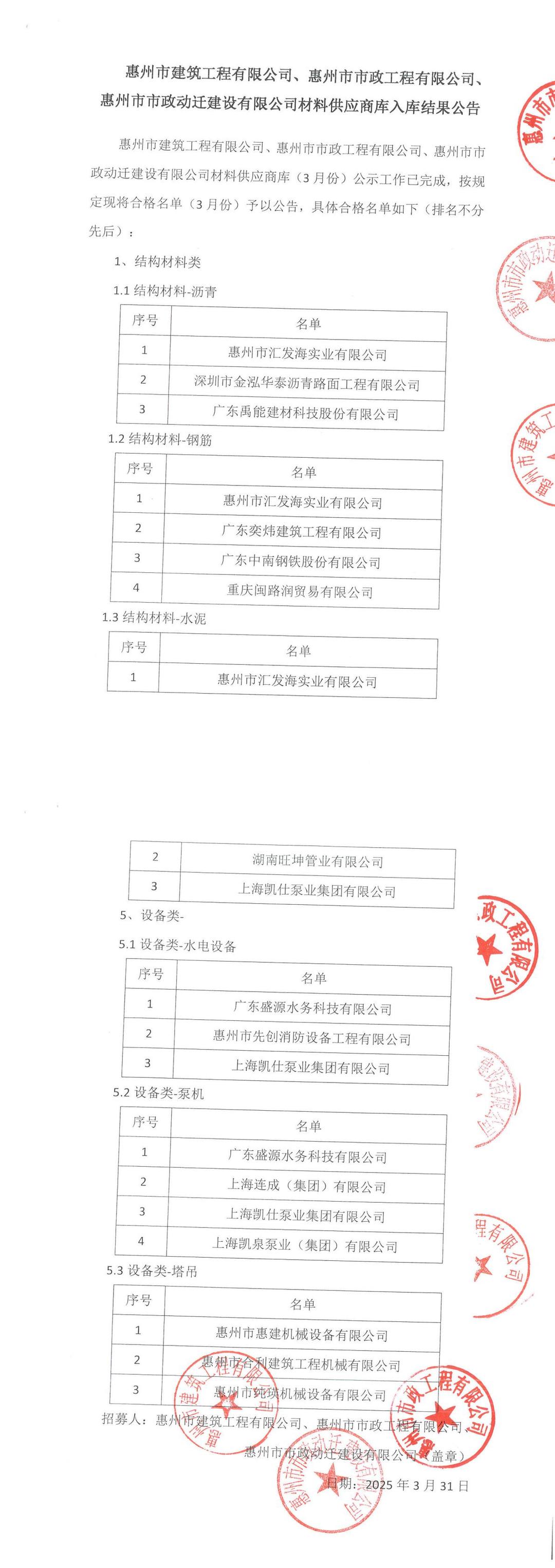 材料供應(yīng)商庫入庫結(jié)果公示