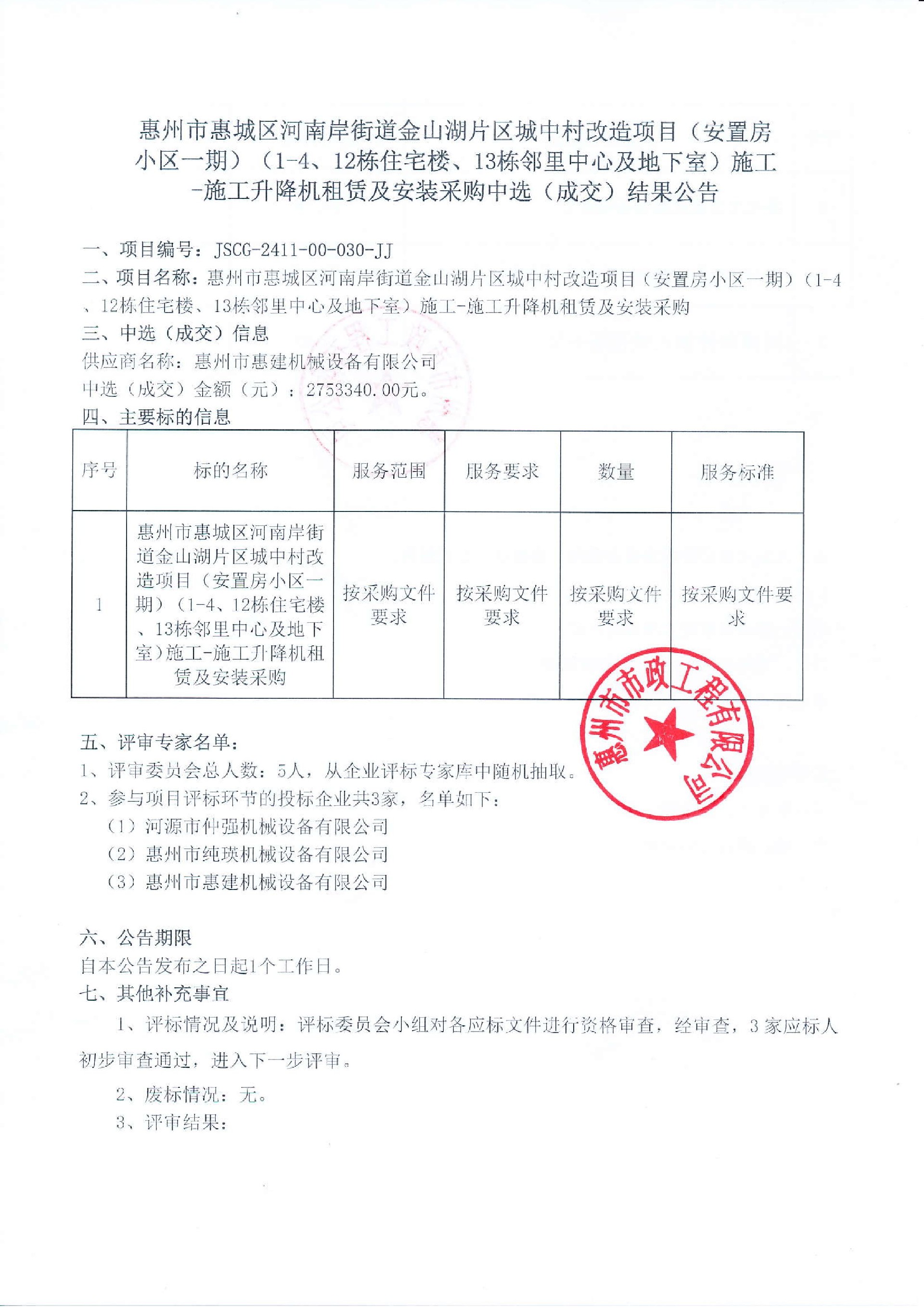 惠州市惠城區(qū)河南岸街道金山湖片區(qū)城中村改造項目（安置房小區(qū)一期）（1-4、12棟住宅樓、13棟鄰里中心及地下室）施工-施工升降機租賃及安裝采購中選（成交）結果公告