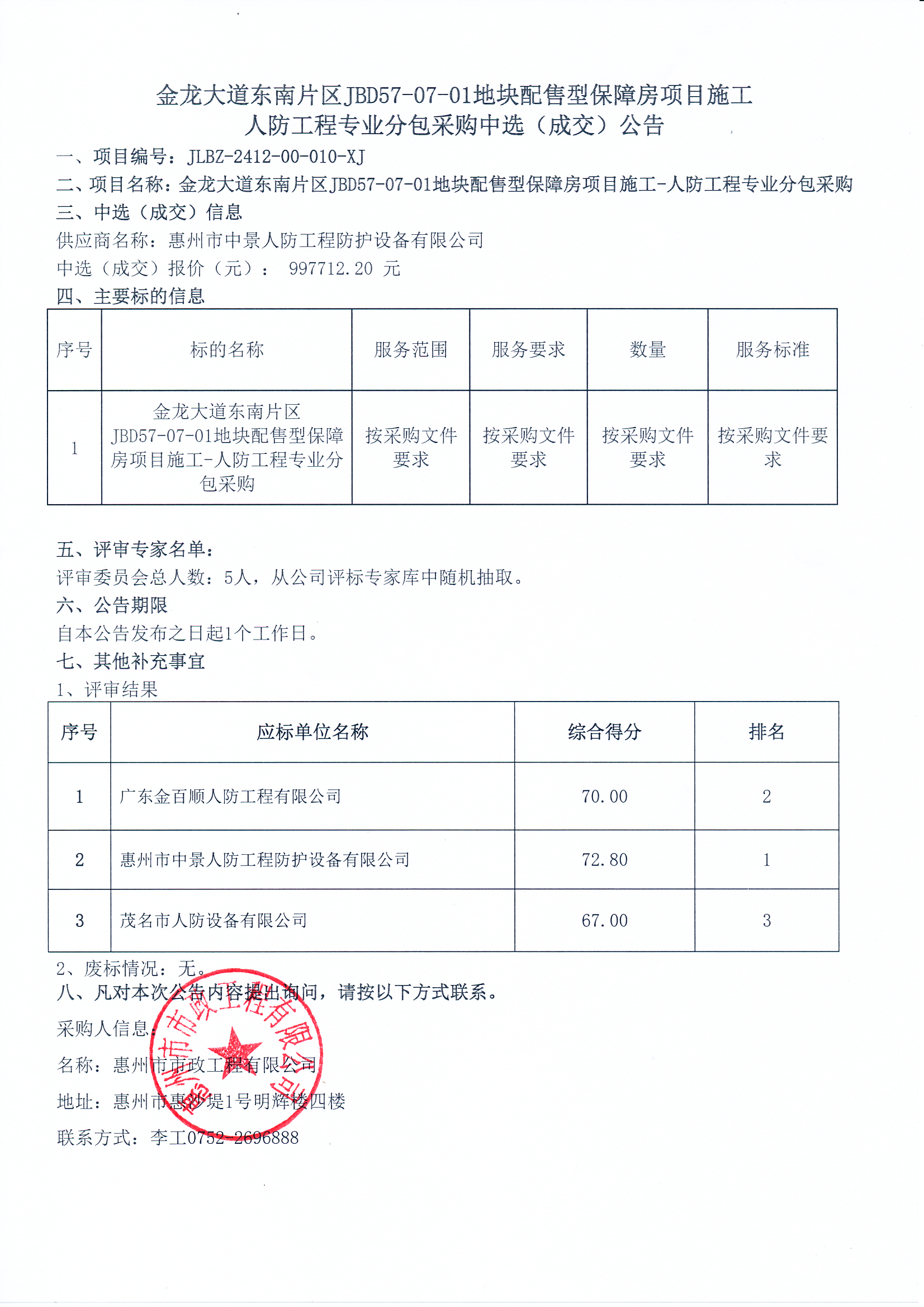 金龍大道東南片區JBD57-07-01地塊配售型保障房項目施工人防工程專業分包采購中選（成交）公告